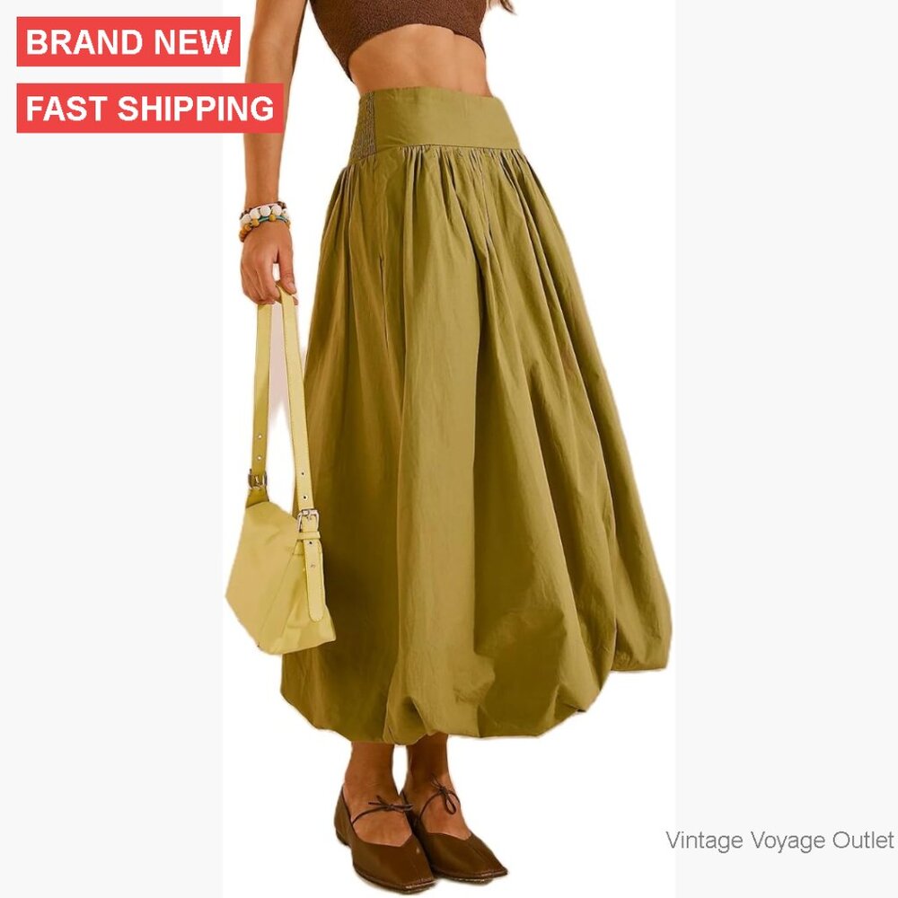 Maxi Skirt Low Waist Elastic A-Line Ruffle Pleated Summer Casual